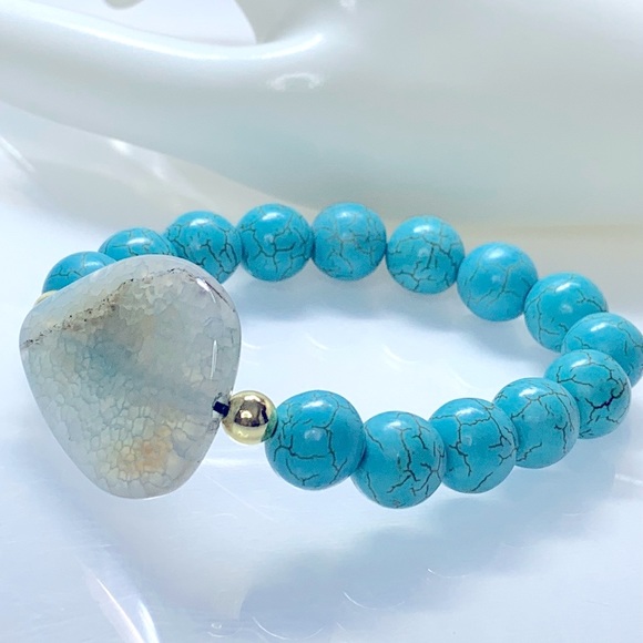 BLUE MAGNESITE + AGATE NATURAL BRACELET size 7” - Picture 6 of 8